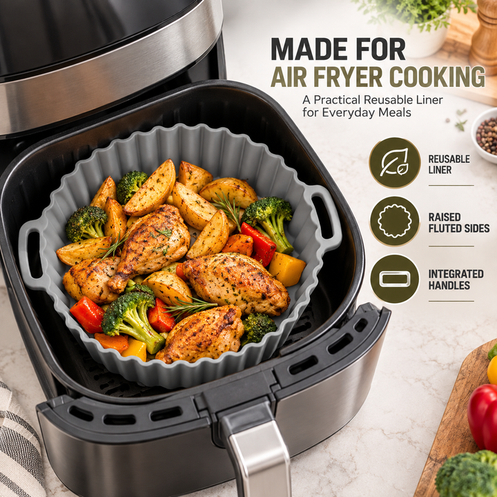 Beram Air Fryer Liner Round Grey Premium Reusable Non-Stick Silicone Baking Mat for Air Fryers Ovens and Microwaves Heat-Resistant Easy Clean Food-Grade Liner for Cooking Frying Roasting and Baking