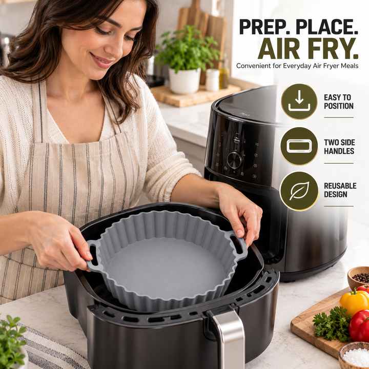Beram Air Fryer Liner Round Grey Premium Reusable Non-Stick Silicone Baking Mat for Air Fryers Ovens and Microwaves Heat-Resistant Easy Clean Food-Grade Liner for Cooking Frying Roasting and Baking