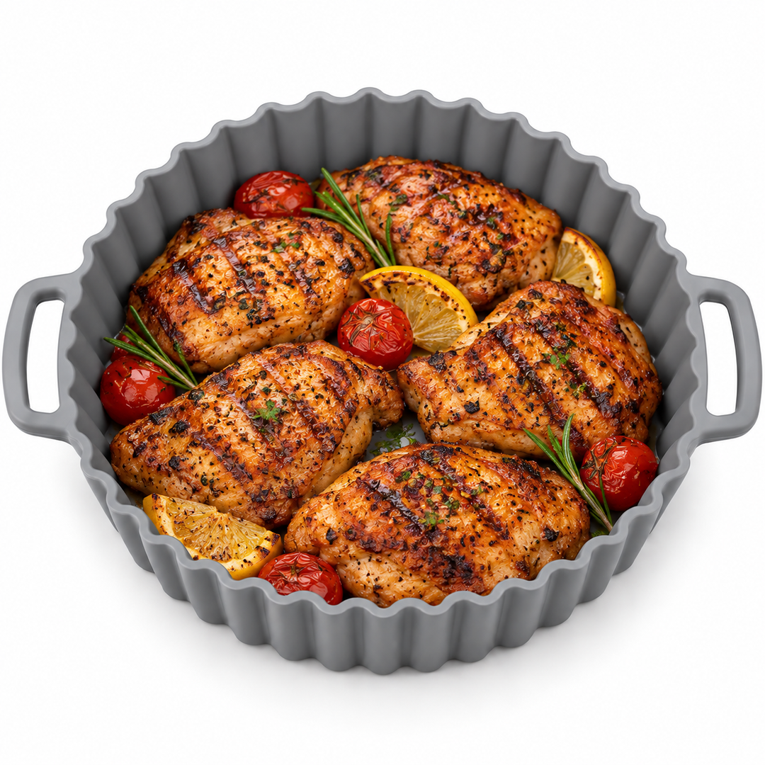 Beram Air Fryer Liner Round Grey Premium Reusable Non-Stick Silicone Baking Mat for Air Fryers Ovens and Microwaves Heat-Resistant Easy Clean Food-Grade Liner for Cooking Frying Roasting and Baking