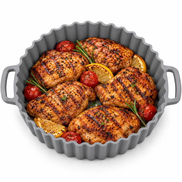 Beram Air Fryer Liner Round Grey Premium Reusable Non-Stick Silicone Baking Mat for Air Fryers Ovens and Microwaves Heat-Resistant Easy Clean Food-Grade Liner for Cooking Frying Roasting and Baking