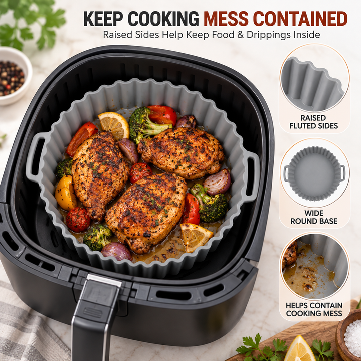 Beram Air Fryer Liner Round Grey Premium Reusable Non-Stick Silicone Baking Mat for Air Fryers Ovens and Microwaves Heat-Resistant Easy Clean Food-Grade Liner for Cooking Frying Roasting and Baking
