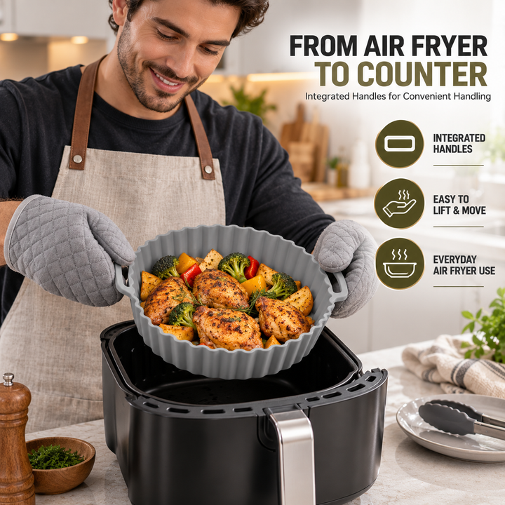 Beram Air Fryer Liner Round Grey Premium Reusable Non-Stick Silicone Baking Mat for Air Fryers Ovens and Microwaves Heat-Resistant Easy Clean Food-Grade Liner for Cooking Frying Roasting and Baking