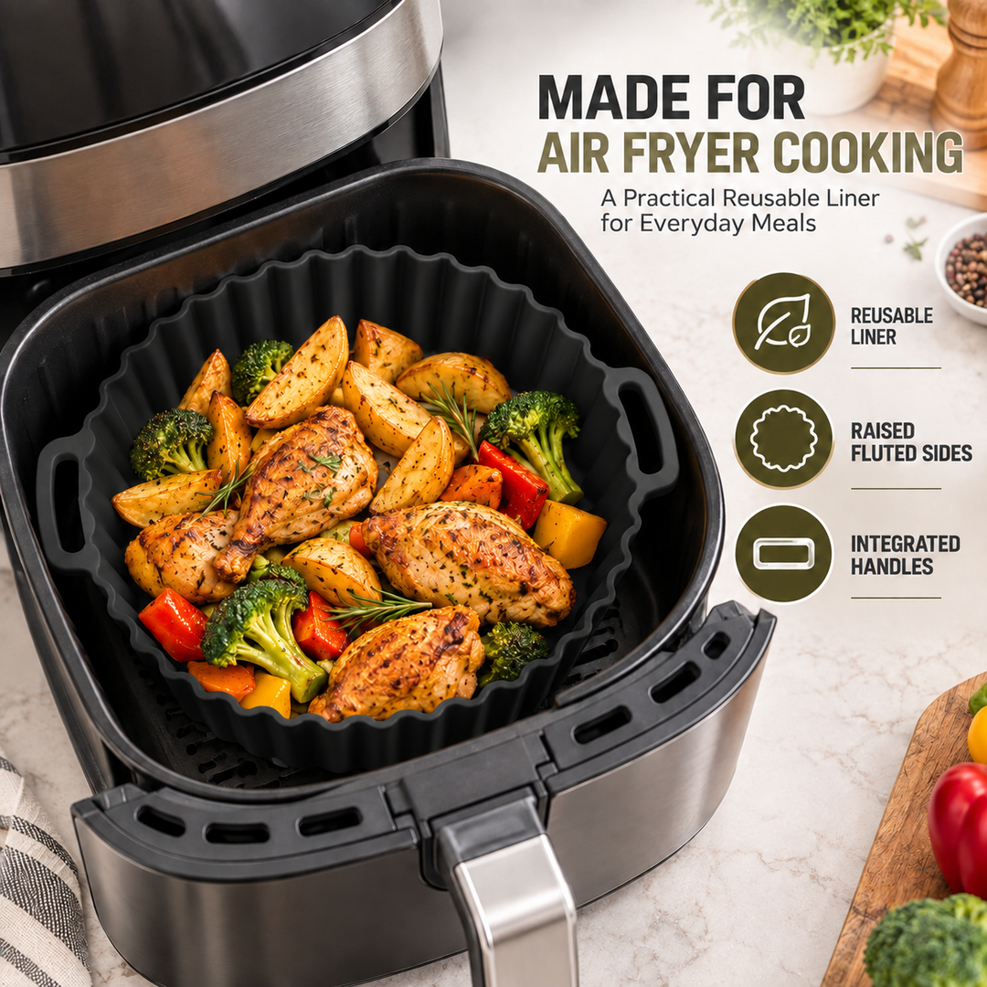 Beram Air Fryer Liner Round Black Premium Reusable Non-Stick Silicone Baking Mat for Air Fryers Ovens and Microwaves Heat-Resistant Easy Clean Food-Grade Liner for Cooking Frying Roasting and Baking