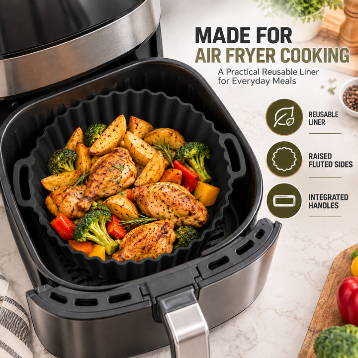 Beram Air Fryer Liner Round Black Premium Reusable Non-Stick Silicone Baking Mat for Air Fryers Ovens and Microwaves Heat-Resistant Easy Clean Food-Grade Liner for Cooking Frying Roasting and Baking