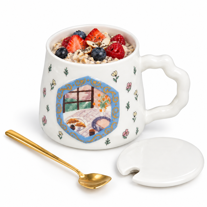 Large Ceramic Drink Mug with Lid and Spoon, White Covered Tea Cup with Handle for Coffee, Cocoa, Milk & Hot Beverages, Home Office Drinkware