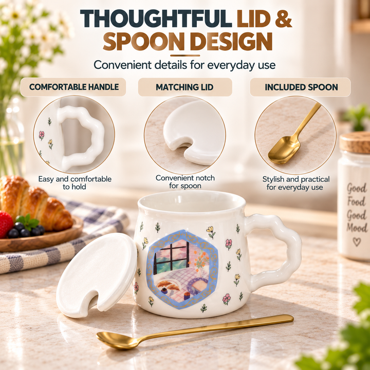Large Ceramic Drink Mug with Lid and Spoon, White Covered Tea Cup with Handle for Coffee, Cocoa, Milk & Hot Beverages, Home Office Drinkware