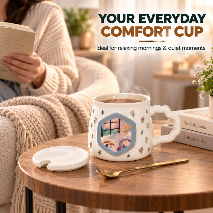 Large Ceramic Drink Mug with Lid and Spoon, White Covered Tea Cup with Handle for Coffee, Cocoa, Milk & Hot Beverages, Home Office Drinkware
