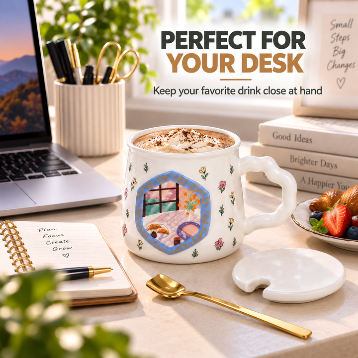 Large Ceramic Drink Mug with Lid and Spoon, White Covered Tea Cup with Handle for Coffee, Cocoa, Milk & Hot Beverages, Home Office Drinkware