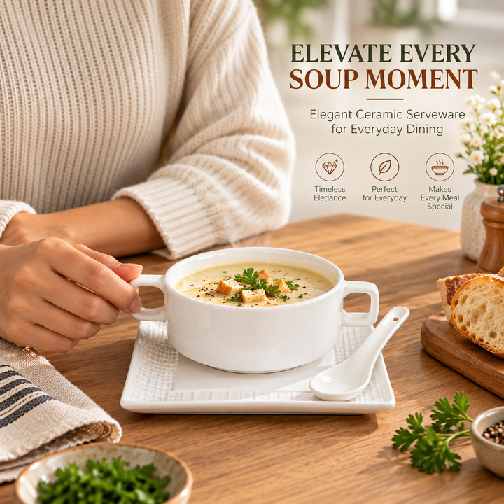 White Ceramic Soup Cup with Double Handles, Saucer & Spoon, Handled Soup Bowl Set for Soup, Desserts, Snacks & Hot Food Serving