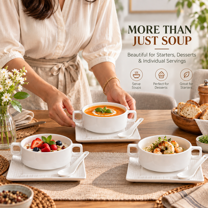 White Ceramic Soup Cup with Double Handles, Saucer & Spoon, Handled Soup Bowl Set for Soup, Desserts, Snacks & Hot Food Serving