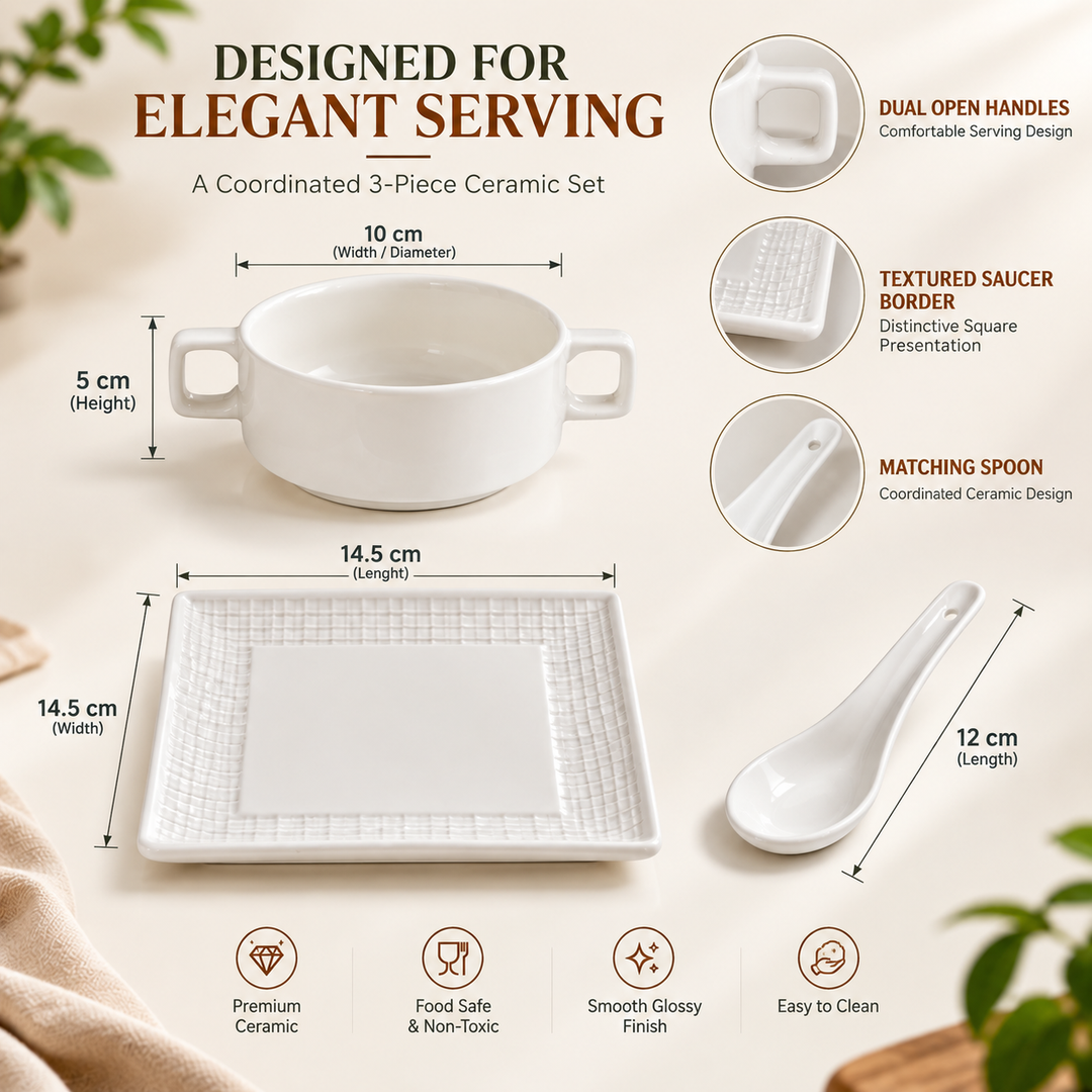 White Ceramic Soup Cup with Double Handles, Saucer & Spoon, Handled Soup Bowl Set for Soup, Desserts, Snacks & Hot Food Serving