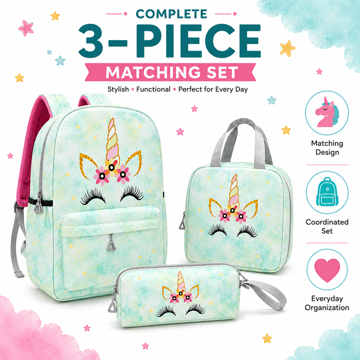 Magic Unicorn Pink 3-Piece School Backpack Set with Lunch Bag & Pencil Pouch, Large Capacity Lightweight School Bag with Adjustable Shoulder Straps for School, Travel & Everyday Use