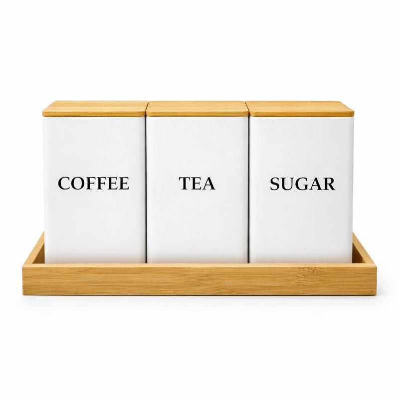 BERAM Metal Tea Coffee Sugar Container Set with Bamboo Lid Airtight Kitchen Storage Jars for Home and Kitchen Tea Box and Coffee Beans Container Set Modern Home Improvement Canisters
