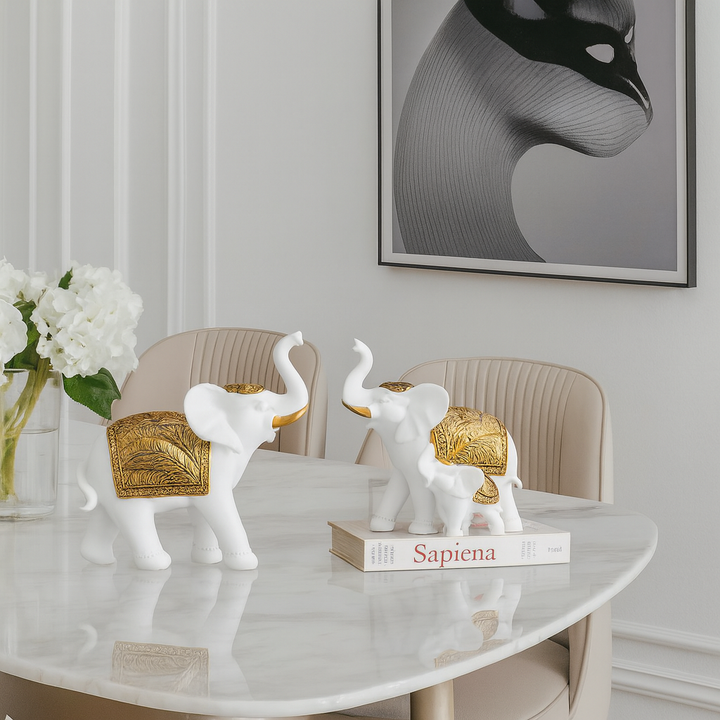 BERAM Royal Elephant Figurines Set of 2 Resin Elephant Statues with Gold Accents Lucky Trunk Up Elephant Décor for Living Room Bedroom Office and Home Decoration Perfect Housewarming Gift