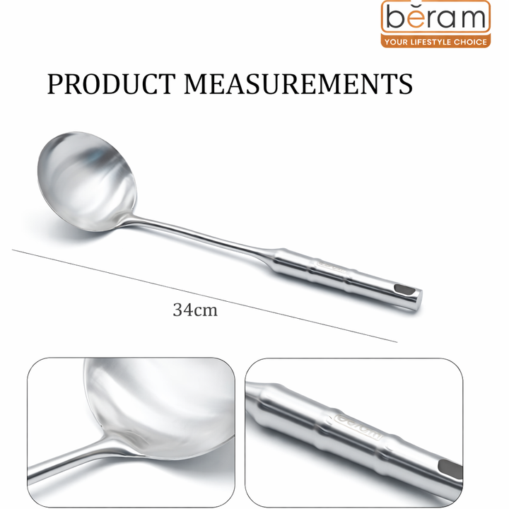 BERAM Cooking Utensils Set 304 Stainless Steel 6 Pieces Soup Spoon Spatula Slotted Turner Rice Scoop Pasta Server Skimmer Food Grade Kitchen Tools with Bamboo Shaped Handles