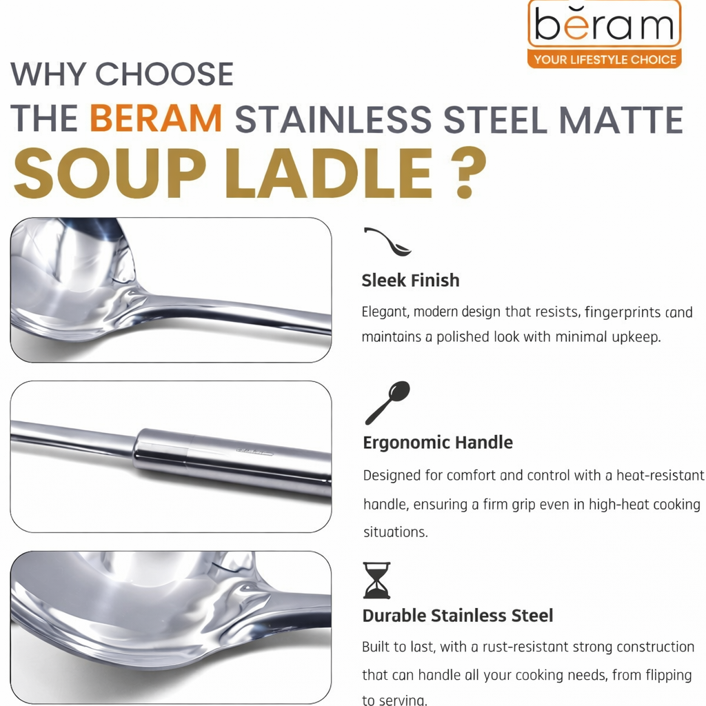 BERAM Stainless Steel Cooking Utensils Set – 6-Piece Kitchen Tool Set with Pasta Server Turner Spatula Skimmer Rice Scoop & Soup Ladle – Durable Matte Silver Cookware Utensils