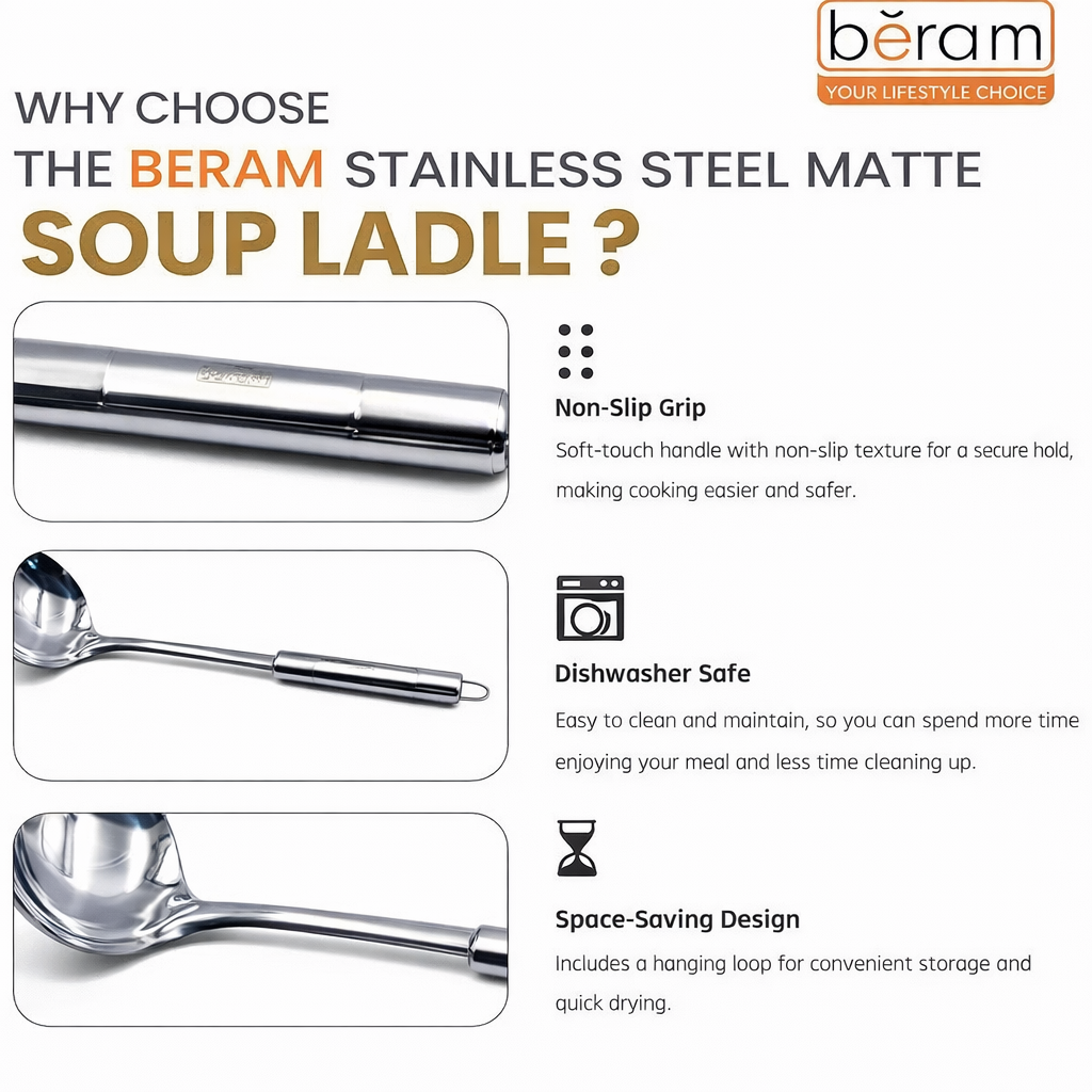 BERAM Stainless Steel Cooking Utensils Set – 6-Piece Kitchen Tool Set with Pasta Server Turner Spatula Skimmer Rice Scoop & Soup Ladle – Durable Matte Silver Cookware Utensils