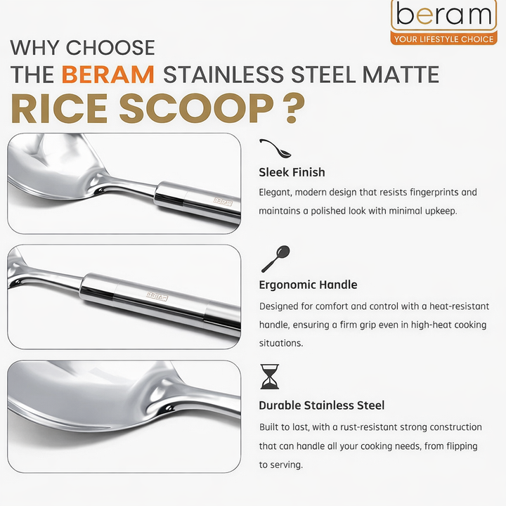 BERAM Stainless Steel Cooking Utensils Set – 6-Piece Kitchen Tool Set with Pasta Server Turner Spatula Skimmer Rice Scoop & Soup Ladle – Durable Matte Silver Cookware Utensils