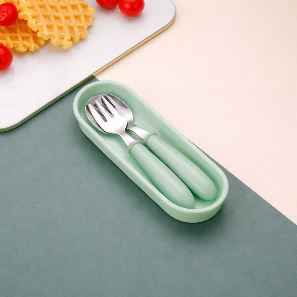 Beram Children Cutlery Set Utensils Set 2 PCS Kids Cutlery Set Baby Spoon Spoon and Fork Portable Tableware with Plastic Case 304 Stainless Steel BPA Free Dishwasher Safe