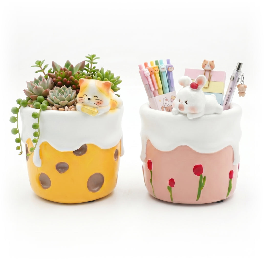 Spring Bunny and Cheese Tiger Planter Set Polyresin Decorative Flower Pots Cute Animal Succulent Holders with Drainage Hole Indoor Outdoor Home Office Desk Decor Pen Pencil Holder Propagator Kit Gift