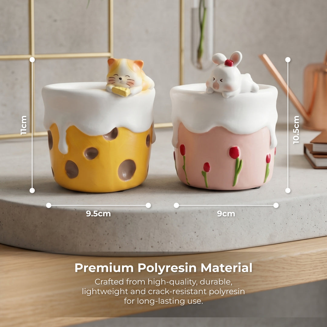 Spring Bunny and Cheese Tiger Planter Set Polyresin Decorative Flower Pots Cute Animal Succulent Holders with Drainage Hole Indoor Outdoor Home Office Desk Decor Pen Pencil Holder Propagator Kit Gift