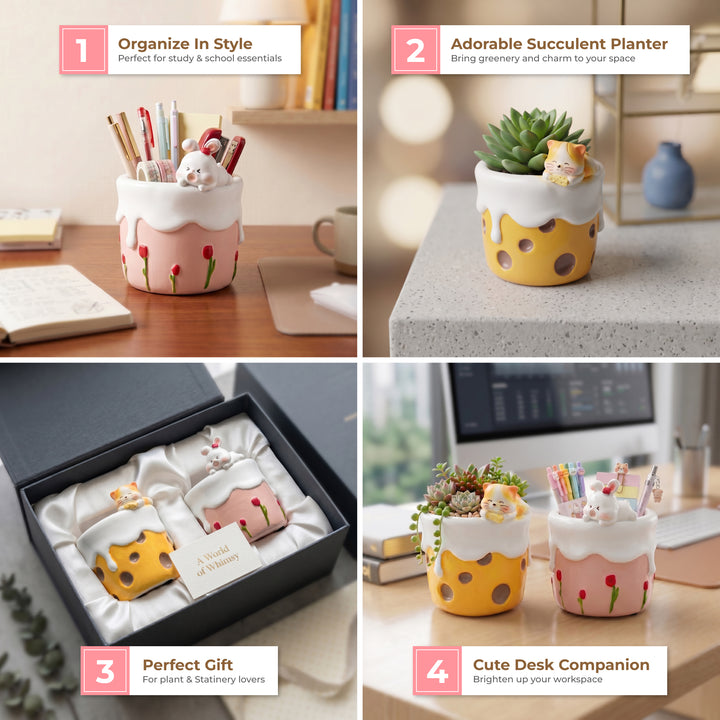 Spring Bunny and Cheese Tiger Planter Set Polyresin Decorative Flower Pots Cute Animal Succulent Holders with Drainage Hole Indoor Outdoor Home Office Desk Decor Pen Pencil Holder Propagator Kit Gift