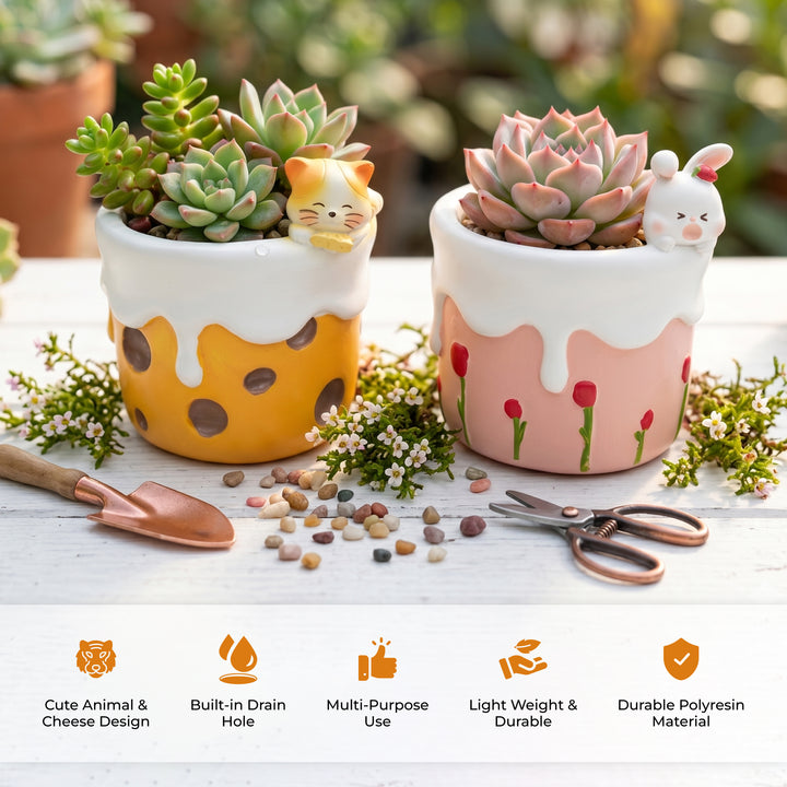 Spring Bunny and Cheese Tiger Planter Set Polyresin Decorative Flower Pots Cute Animal Succulent Holders with Drainage Hole Indoor Outdoor Home Office Desk Decor Pen Pencil Holder Propagator Kit Gift
