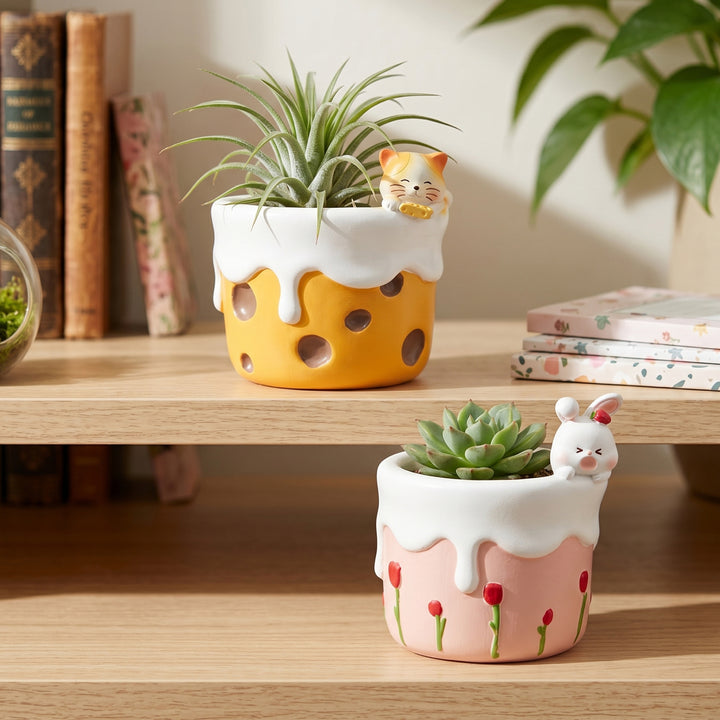 Spring Bunny and Cheese Tiger Planter Set Polyresin Decorative Flower Pots Cute Animal Succulent Holders with Drainage Hole Indoor Outdoor Home Office Desk Decor Pen Pencil Holder Propagator Kit Gift
