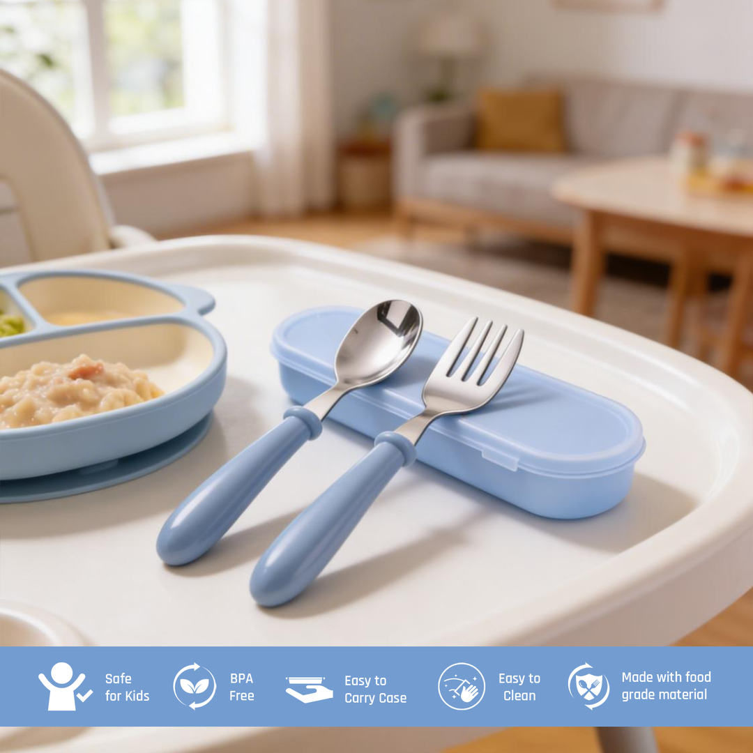 Beram Children Cutlery Set Utensils Set 2 PCS Kids Cutlery Set Baby Spoon Spoon and Fork Portable Tableware with Plastic Case 304 Stainless Steel BPA Free Dishwasher Safe