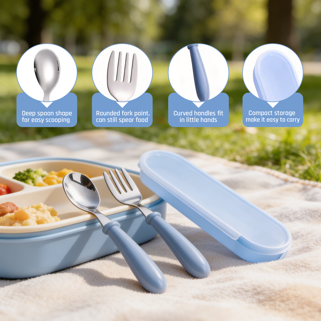 Beram Children Cutlery Set Utensils Set 2 PCS Kids Cutlery Set Baby Spoon Spoon and Fork Portable Tableware with Plastic Case 304 Stainless Steel BPA Free Dishwasher Safe