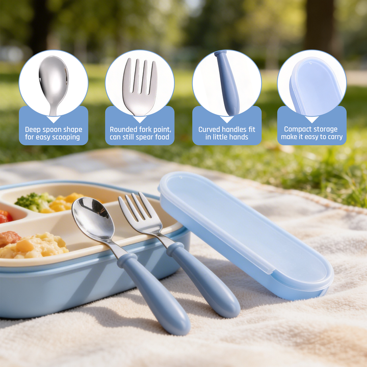 Beram Children Cutlery Set Utensils Set 2 PCS Kids Cutlery Set Baby Spoon Spoon and Fork Portable Tableware with Plastic Case 304 Stainless Steel BPA Free Dishwasher Safe