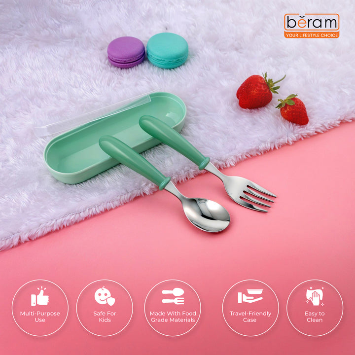 Beram Children Cutlery Set Utensils Set 2 PCS Kids Cutlery Set Baby Spoon Spoon and Fork Portable Tableware with Plastic Case 304 Stainless Steel BPA Free Dishwasher Safe