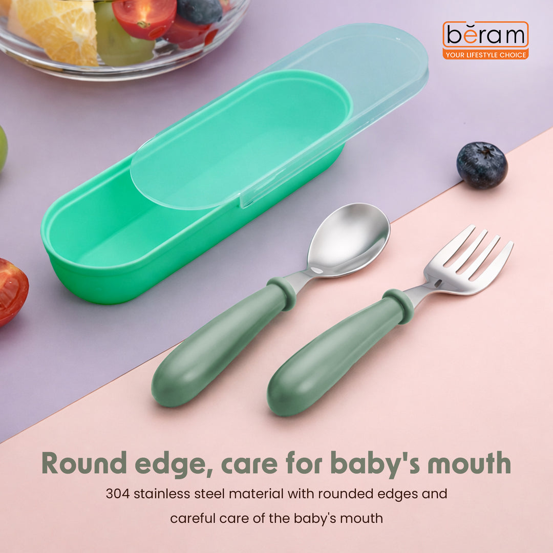 Beram Children Cutlery Set Utensils Set 2 PCS Kids Cutlery Set Baby Spoon Spoon and Fork Portable Tableware with Plastic Case 304 Stainless Steel BPA Free Dishwasher Safe