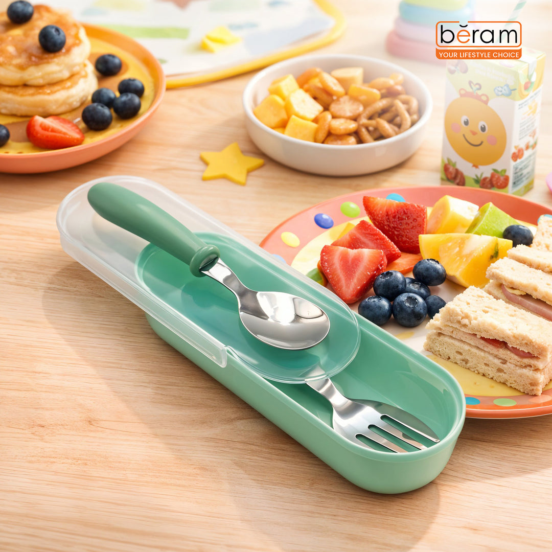 Beram Children Cutlery Set Utensils Set 2 PCS Kids Cutlery Set Baby Spoon Spoon and Fork Portable Tableware with Plastic Case 304 Stainless Steel BPA Free Dishwasher Safe