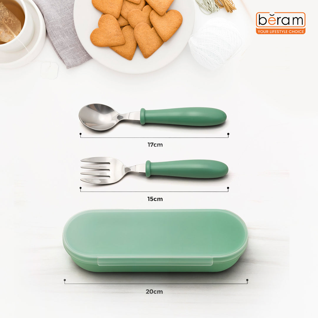 Beram Children Cutlery Set Utensils Set 2 PCS Kids Cutlery Set Baby Spoon Spoon and Fork Portable Tableware with Plastic Case 304 Stainless Steel BPA Free Dishwasher Safe