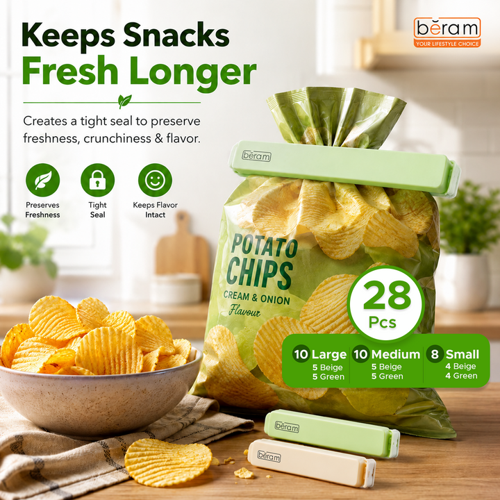 Beram Sealing Clips for Snack Bags Vacuum Sealers for Packages Storage for Home and Kitchen Air Tight Sealing Chip Clips Aesthetic Kitchen Accessory  Pack of 48, 28 and 18