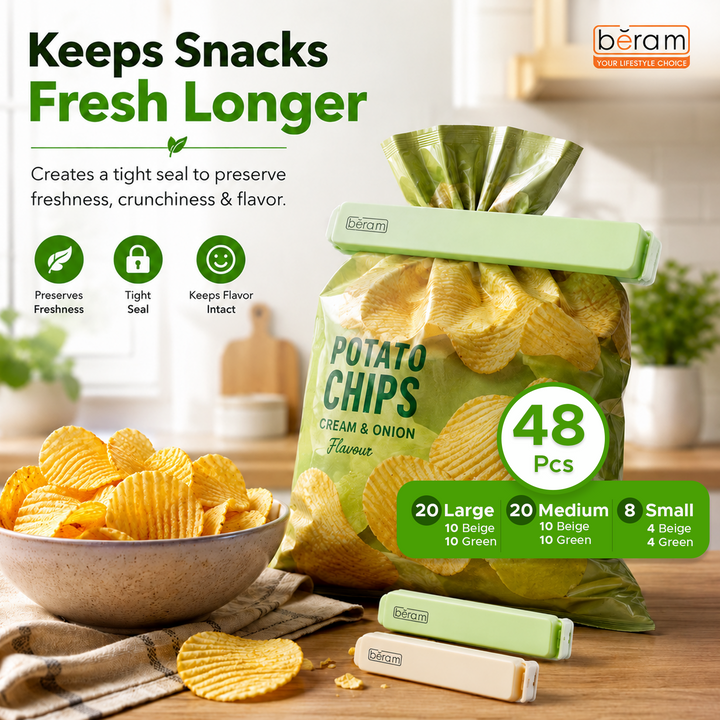 Beram Sealing Clips for Snack Bags Vacuum Sealers for Packages Storage for Home and Kitchen Air Tight Sealing Chip Clips Aesthetic Kitchen Accessory  Pack of 48, 28 and 18