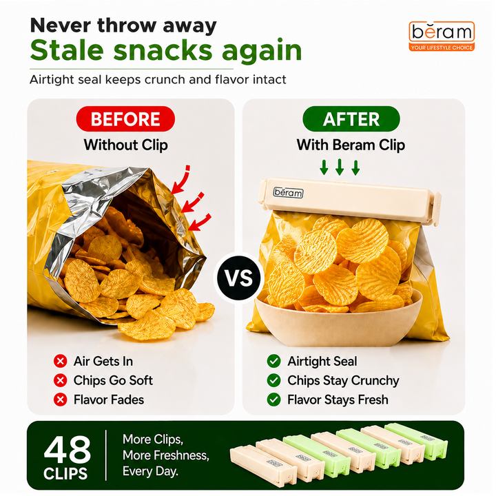 Beram Sealing Clips for Snack Bags Vacuum Sealers for Packages Storage for Home and Kitchen Air Tight Sealing Chip Clips Aesthetic Kitchen Accessory  Pack of 48, 28 and 18