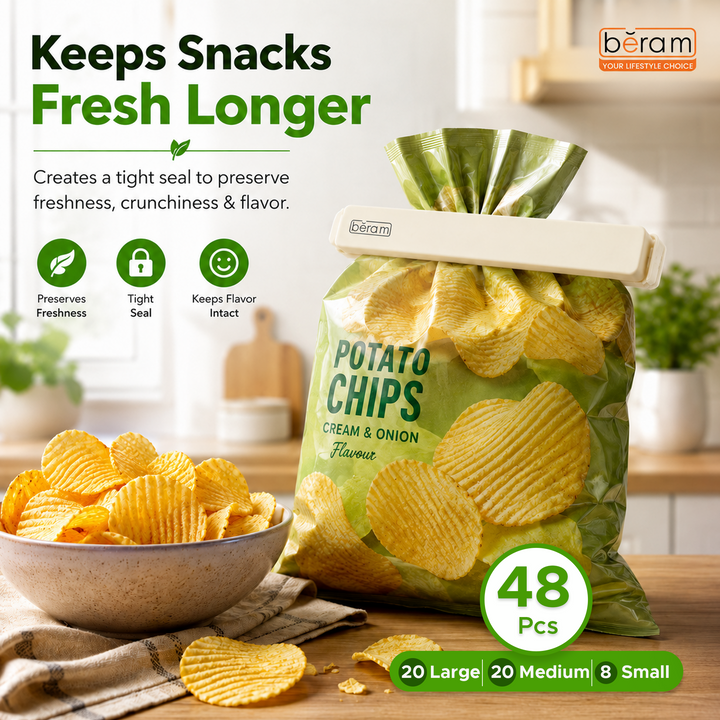 Beram Sealing Clips for Snack Bags Vacuum Sealers for Packages Storage for Home and Kitchen Air Tight Sealing Chip Clips Aesthetic Kitchen Accessory  Pack of 48, 28 and 18