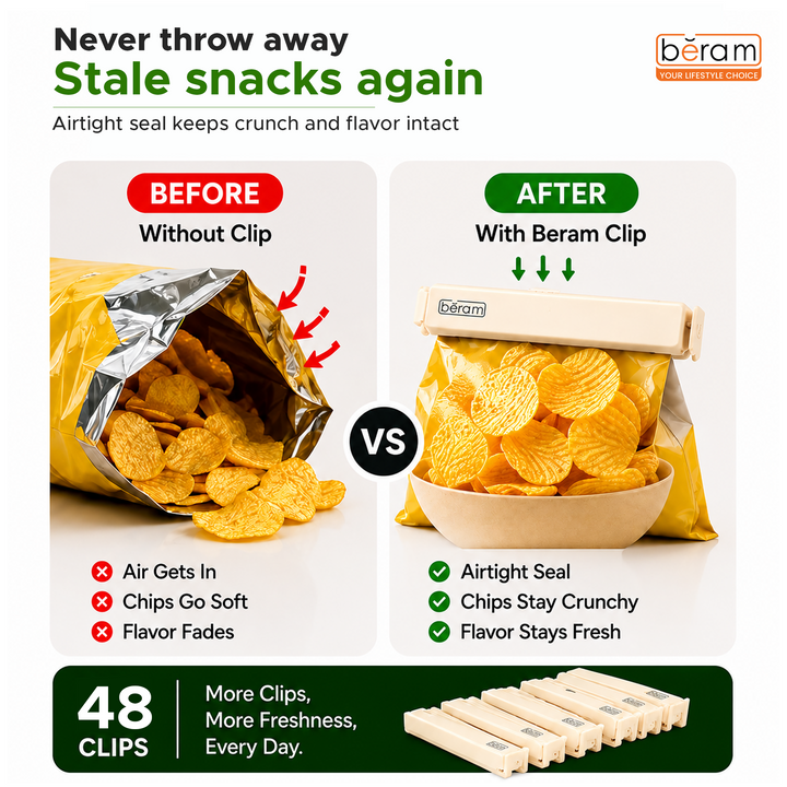Beram Sealing Clips for Snack Bags Vacuum Sealers for Packages Storage for Home and Kitchen Air Tight Sealing Chip Clips Aesthetic Kitchen Accessory  Pack of 48, 28 and 18