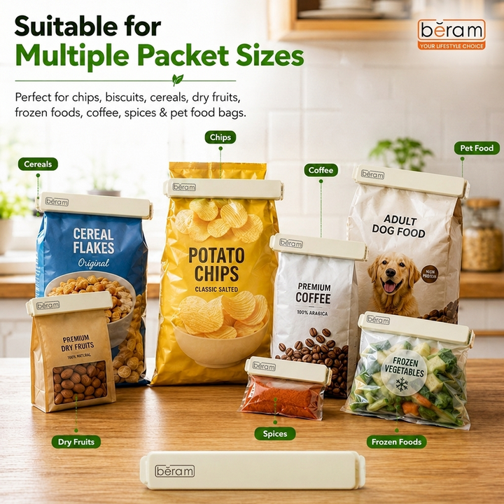 Beram Sealing Clips for Snack Bags Vacuum Sealers for Packages and Storage Air Tight Sealing Chip Clips Aesthetic Kitchen Accessory Pack of 4, 5 and 10