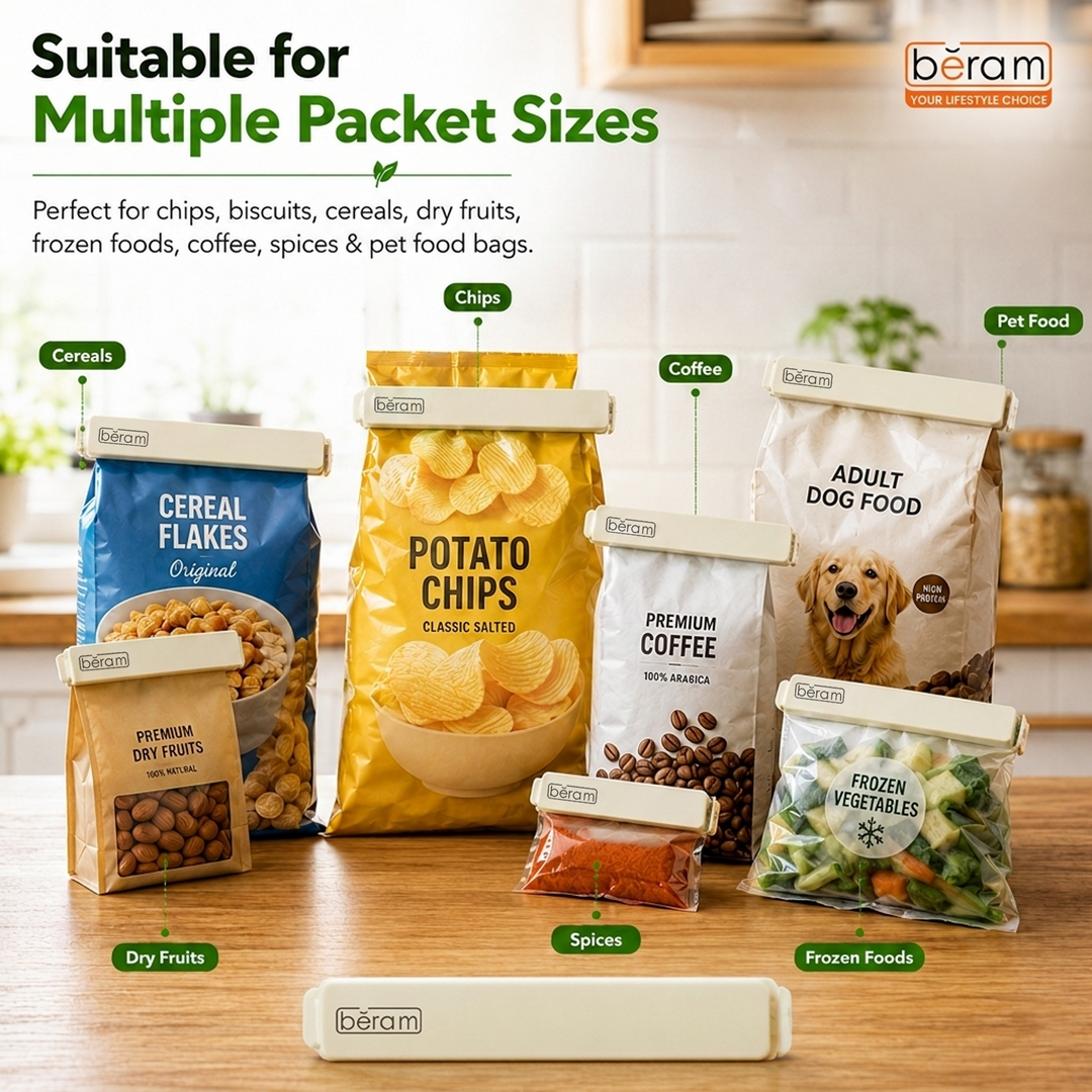 Beram Sealing Clips for Snack Bags Vacuum Sealers for Packages and Storage Air Tight Sealing Chip Clips Aesthetic Kitchen Accessory Pack of 4, 5 and 10
