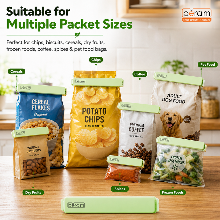 Beram Sealing Clips for Snack Bags Vacuum Sealers for Packages and Storage Air Tight Sealing Chip Clips Aesthetic Kitchen Accessory Pack of 4, 5 and 10