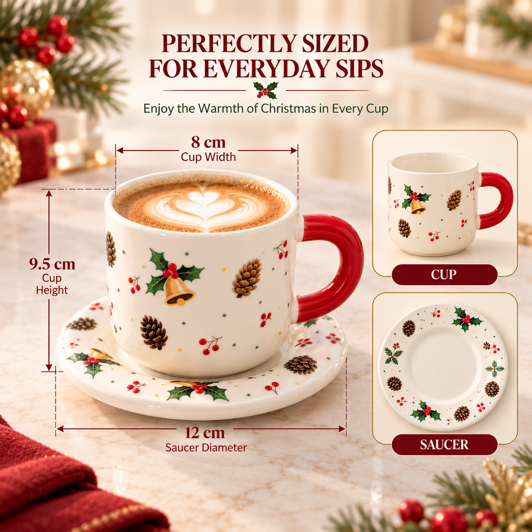 Ceramic Coffee Cup and Saucer Set, Tea Cup with Handle, Elegant White Porcelain Style Cup and Matching Saucer with Botanical Floral Design for Coffee, Tea, Cappuccino and Home Serving