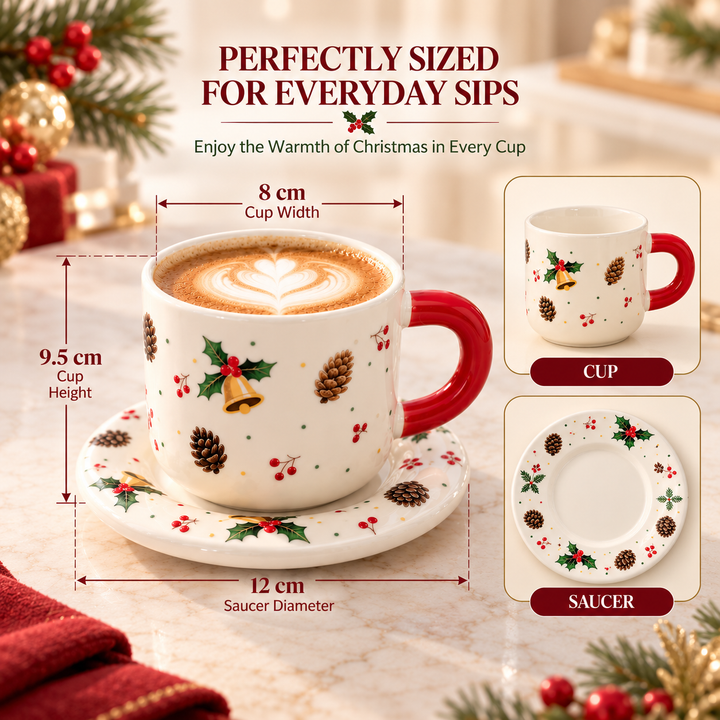 Ceramic Coffee Cup and Saucer Set, Tea Cup with Handle, Elegant White Porcelain Style Cup and Matching Saucer with Botanical Floral Design for Coffee, Tea, Cappuccino and Home Serving