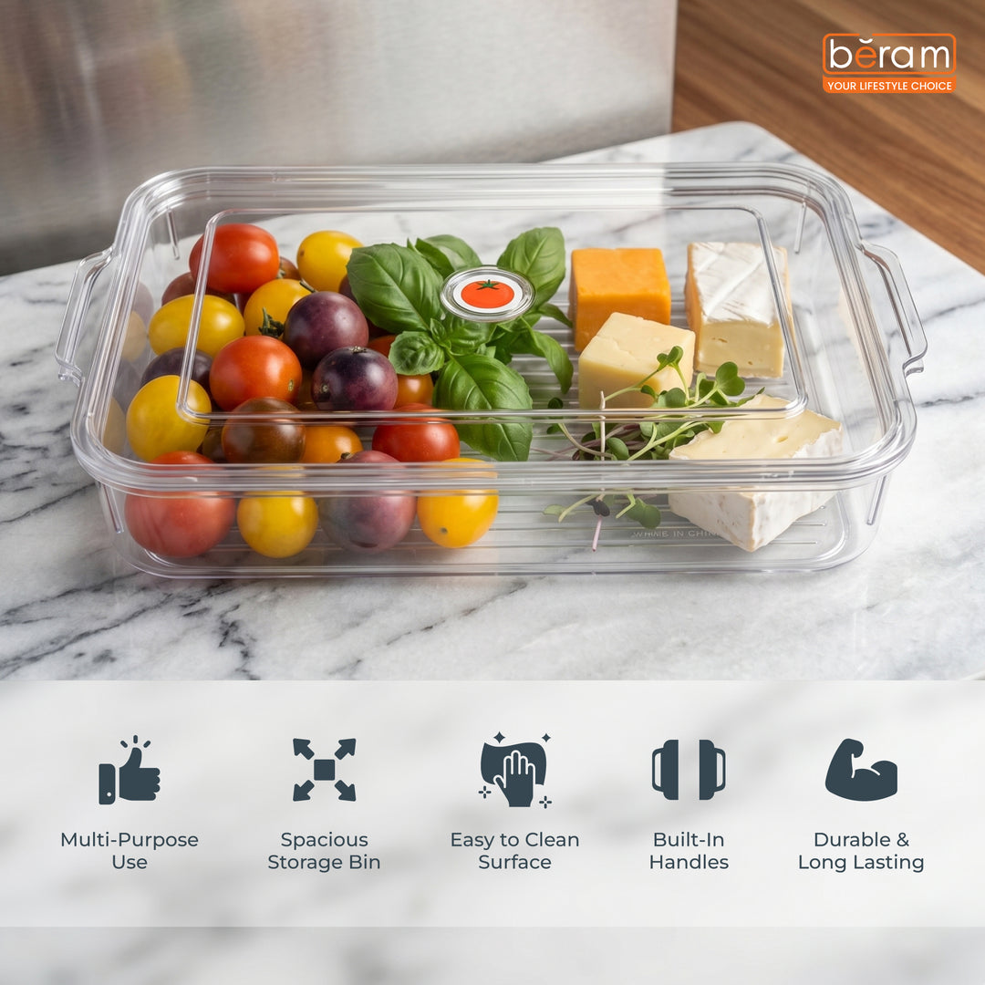 Beram Clear Seal Food Storage Box Bin Transparent PET Organizer Box with Handles Multipurpose Kitchen Storage Pantry Fridge & Freezer Storage Container BPA-Free Rectangular Storage Basket