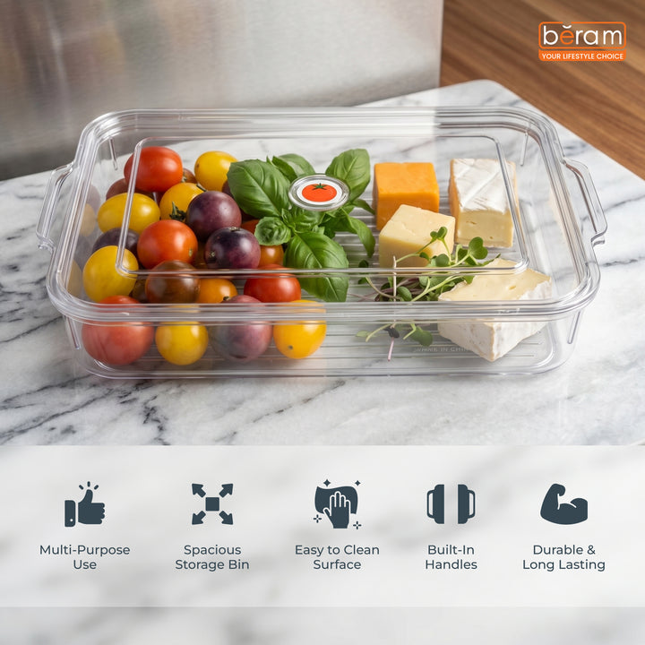 Beram Clear Seal Food Storage Box Bin Transparent PET Organizer Box with Handles Multipurpose Kitchen Storage Pantry Fridge & Freezer Storage Container BPA-Free Rectangular Storage Basket