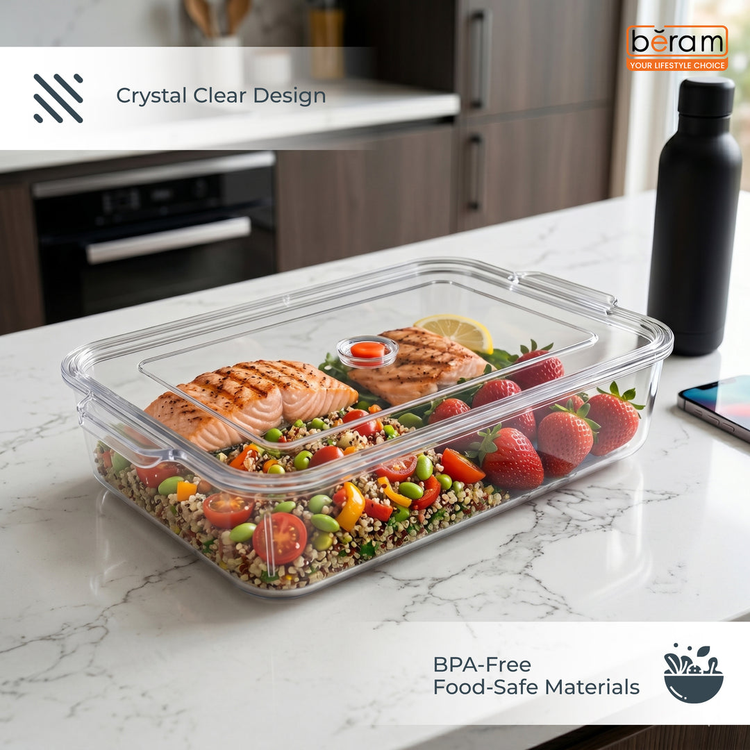 Beram Clear Seal Food Storage Box Bin Transparent PET Organizer Box with Handles Multipurpose Kitchen Storage Pantry Fridge & Freezer Storage Container BPA-Free Rectangular Storage Basket