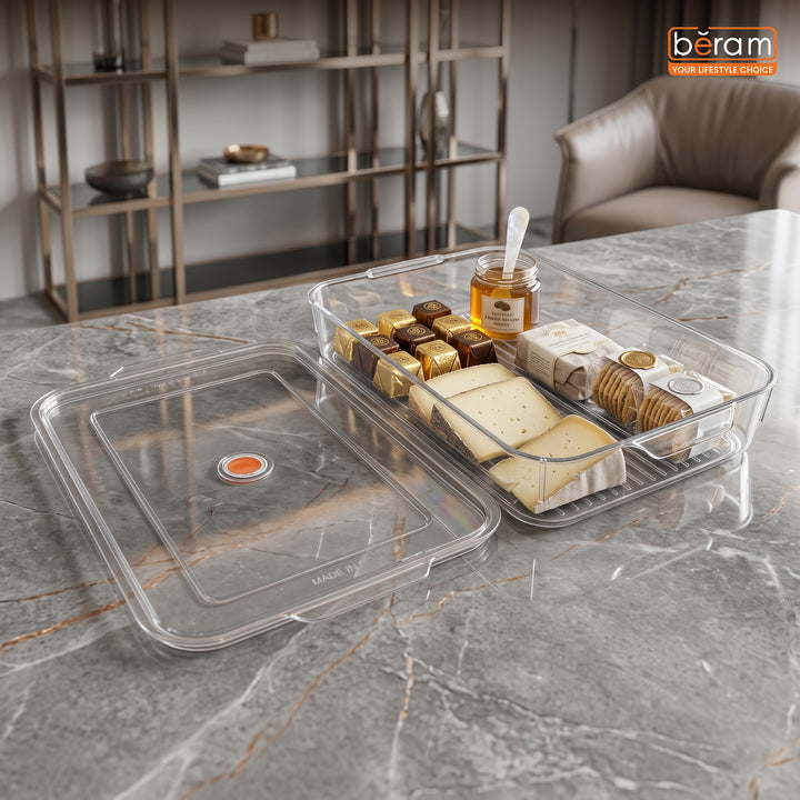 Beram Clear Seal Food Storage Box Bin Transparent PET Organizer Box with Handles Multipurpose Kitchen Storage Pantry Fridge & Freezer Storage Container BPA-Free Rectangular Storage Basket