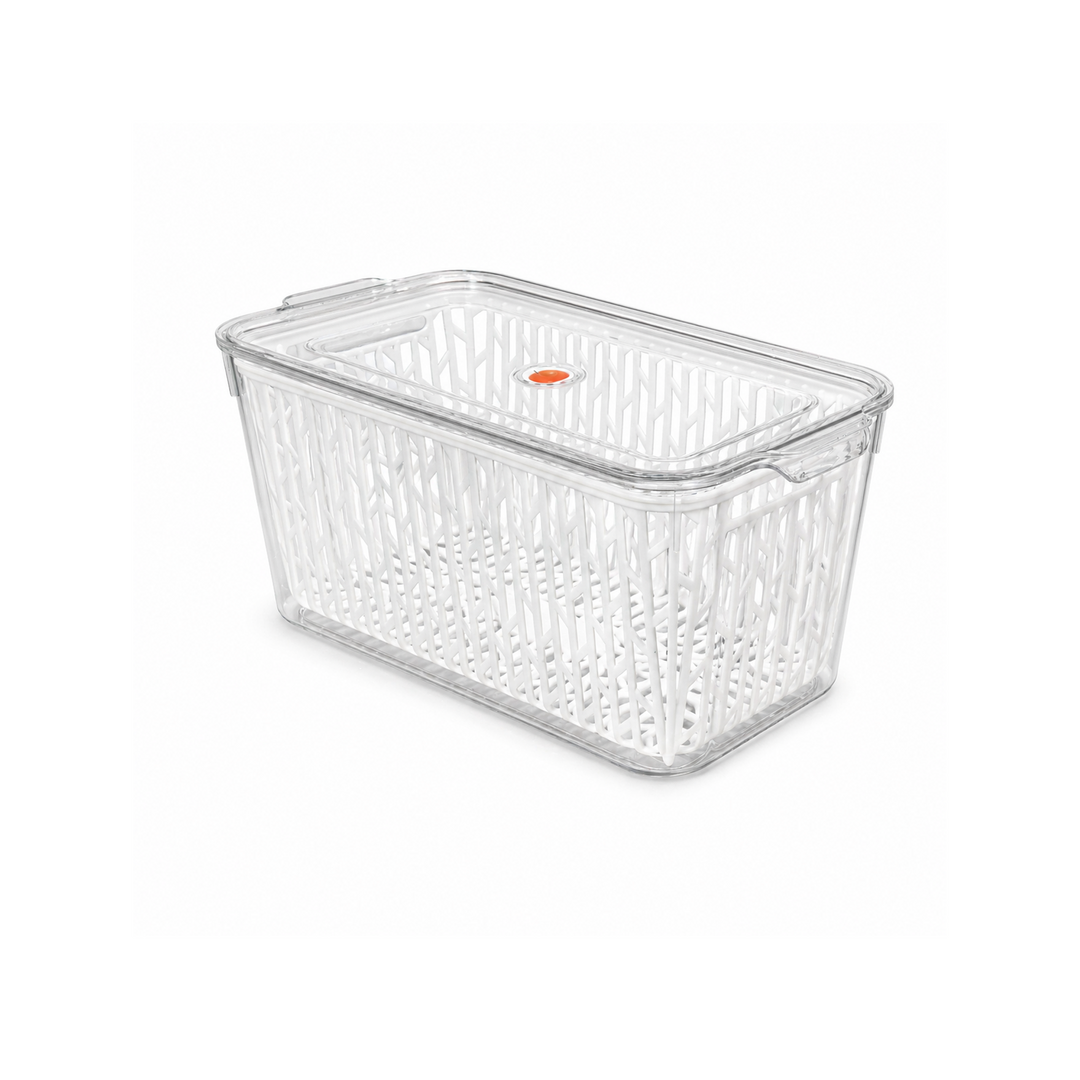 Beram Drain & Store Refrigerator Container Clear Box with Inner Basket Transparent PET Organizer Box with Handles Multipurpose Pantry Fridge Freezer Storage Container BPA-Free Rectangular Basket